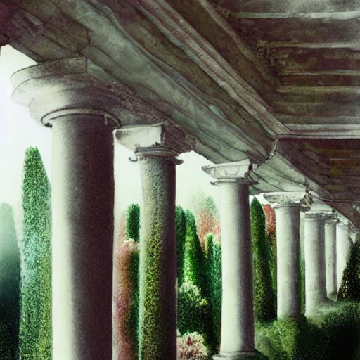 delicate garden on paper floating puffy vines botanical herbarium botanic watercolors iridescent 8 k wide angle realistic artstation italian rainbow colonnade oak pine liberty architecture pompeii 