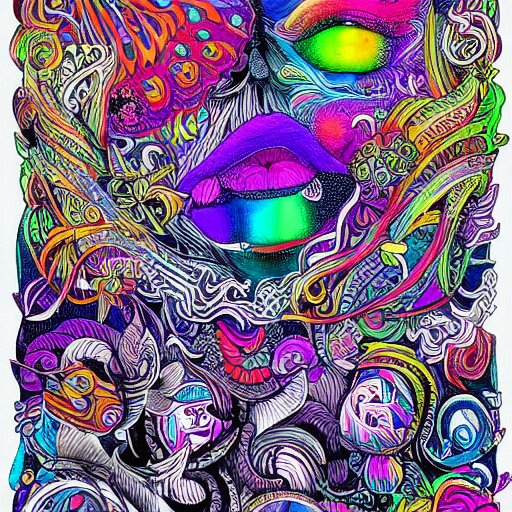 chaos in my head, intricate ink illustration, vibrant colors, rainbow colors, white background, maximalist, 8 k 