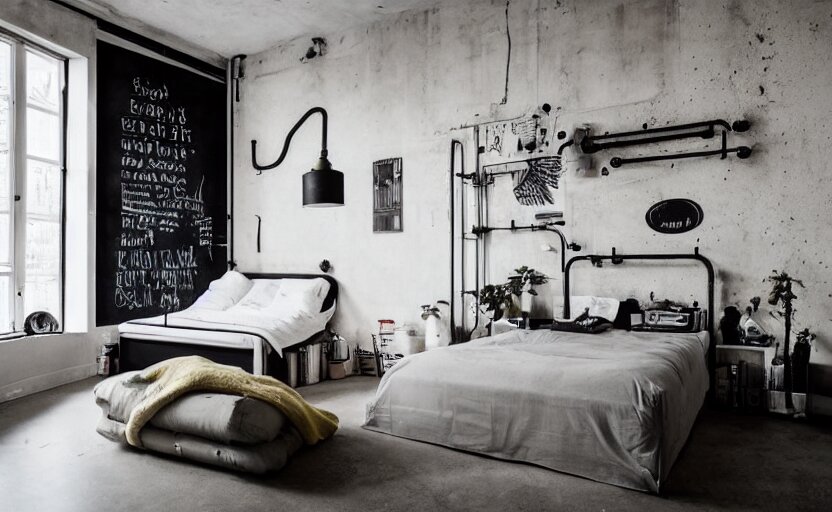 berlin style compact bedroom interior, concrete, punk design, bed, neon lights, modernism, white, beige, black, minimalism, blackboard, industrial, pipes, little windows, plants 