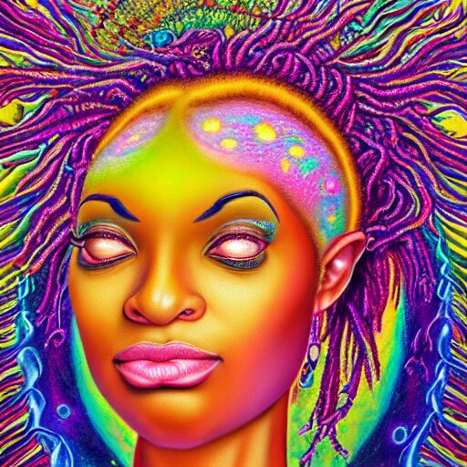 an extremely regal african queen with colorful dreadlocks and a glowing opal!!! in the center of her forehead, meditating in a magic mushroom zen garden, rainbow nebula clouds, by alex grey and afarin sajedi and amanda sage and android jones and agostino arrivabene and wayne barlowe in a psychedelic portrait style, surreal, afofuturism, afropunk, black art, ultrarealistic, rendered in cinema 4 d, volumetric lighting lighting, digital illustration, chakra, highly detailed, elegant, extremely ornate, fractal!, extremely symmetrical!!, highly detailed face, wide angle dynamic portrait, 8 k, hd. 