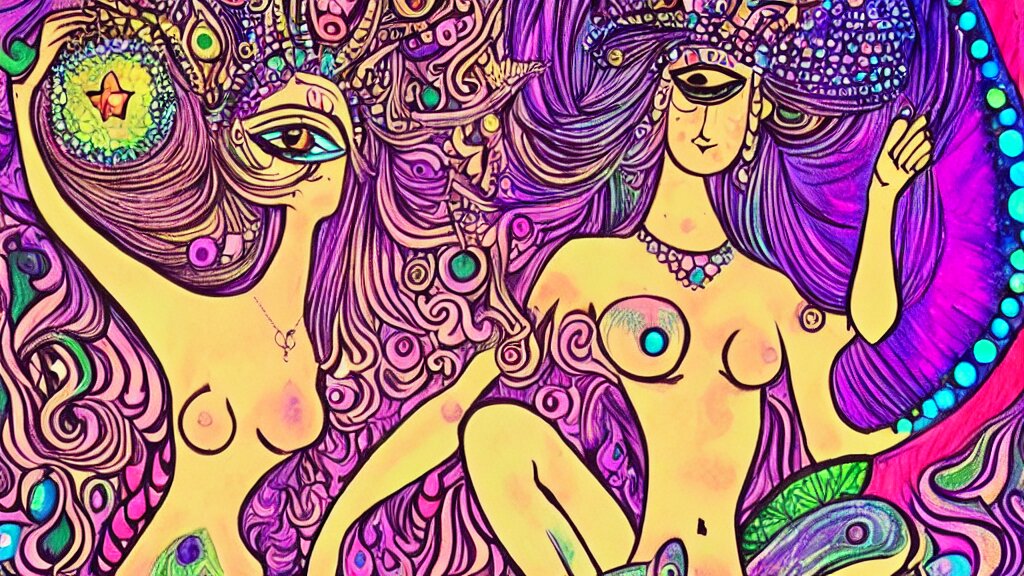 mushroom goddess, dripping crystals, full body dynamic pose, attractive form, psychedelic dmt deity, picasso, pin up girl, visionary art, fully colored and rendered 