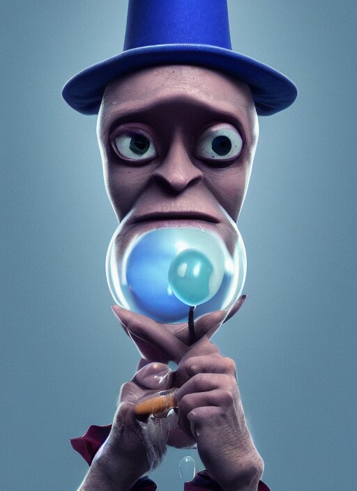 an anthropomorphic beautiful male wizard blowing giant bubbles wearing blue robe, fine art, award winning, intricate, elegant, sharp focus, octane render, hyperrealistic, wizard hat cinematic lighting, highly detailed, digital painting, 8 k concept art, art by jamie hewlett and z. w. gu, masterpiece, trending on artstation, 8 k 