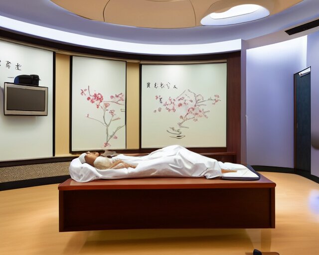 The zen environment of the hospital room of the future, in a five star hotel in Singapore, with calming bright lights and a welcoming Japanese rose pattern wall and a breathtaking wooden floor, a doctor and her patient look at a computer screen showing medical graphs