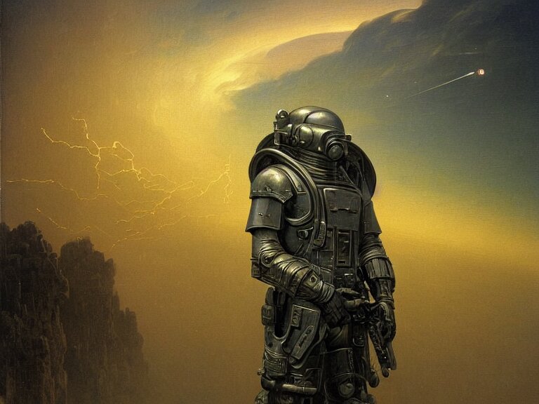  a detailed portrait painting of a bounty hunter in combat armour and visor. Smoke. cinematic sci-fi poster. Cloth and metal. Flight suit, accurate anatomy portrait symmetrical and science fiction theme with lightning, aurora lighting clouds and stars. Futurism by beksinski carl spitzweg moebius and tuomas korpi. baroque elements. baroque element. intricate artwork by caravaggio. Oil painting. Trending on artstation. 8k