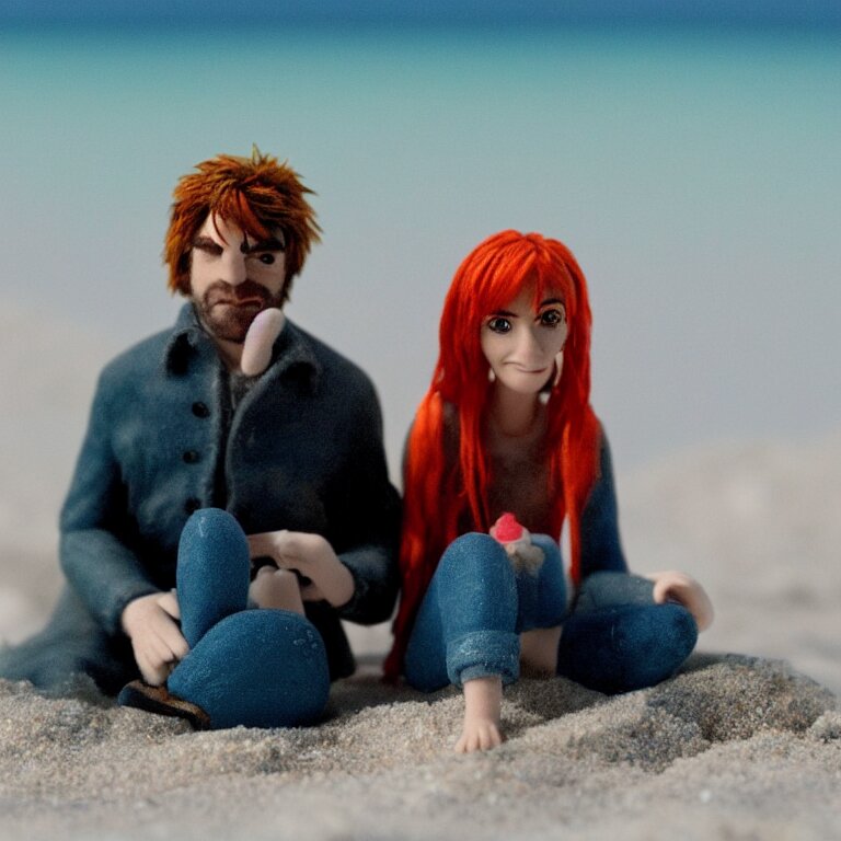 a cinematic film still of a claymation stop motion film eternal sunshine of the spotless mind joel and clementine on the beach, shallow depth of field, 8 0 mm, f 1. 8 