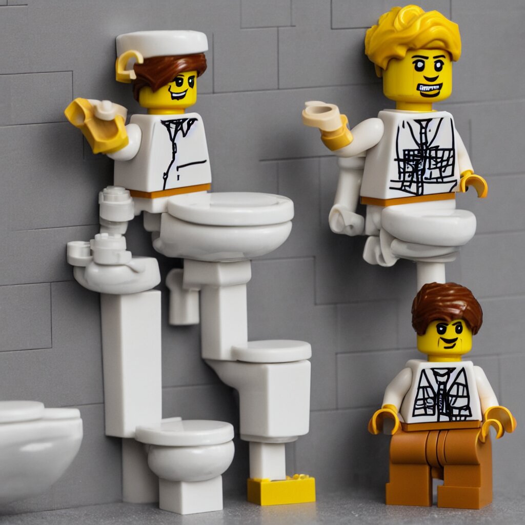 a lego figure of a man, sitting on a toilet with his pants down. there is a stream of lego bricks coming out of his behind 