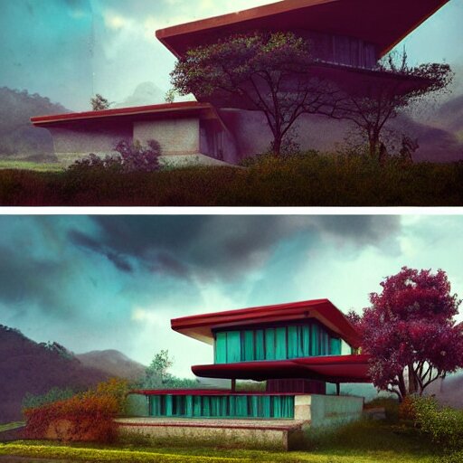 modernist house inspired by a tibetan palace, on a green hill between big trees, colorful clouds, dramatic lighting, artstation, matte painting, raphael lacoste, simon stalenhag, frank lloyd wright, zaha hadid 