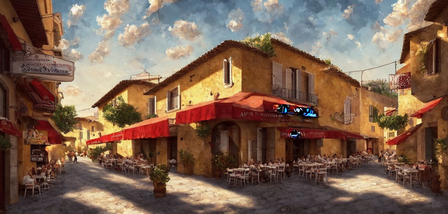 a traditional pizzeria in the street of a small village on the riviera. a terrace in the shade of a hundred - year - old olive, cinematic view, epic sky, detailed, concept art, low angle, high detail, warm lighting, volumetric, godrays, vivid, beautiful, trending on artstation, by jordan grimmer, huge scene, grass, art greg rutkowski 