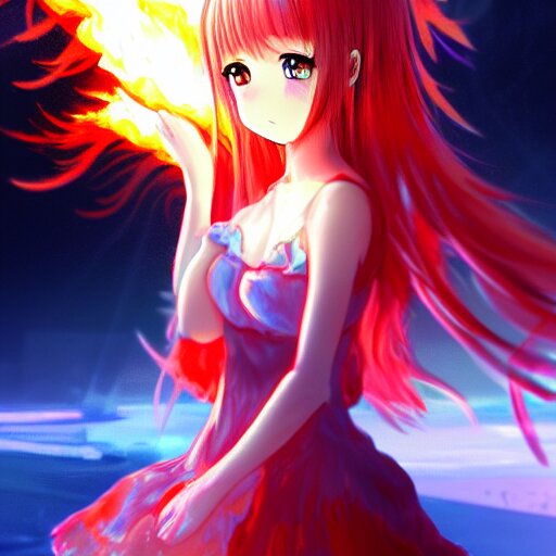 advanced digital anime art, a very cute gorgeous teenage girl made of fire and ice with red fiery watery eyes glancing over her left shoulder wearing a dress made of water is standing in an apocalyptic burning city, full body, full round face, dramatic cinematic lighting, highly intricately detailed, trending on pixiv, Artstation, painted by Rossdraws and the style of Sakimimichan