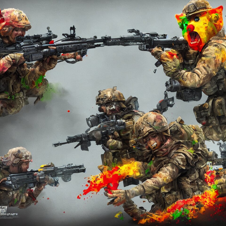 gummy bear tanks with infantry shooting gummy worms assault rifles trending on artstation 4 k cinematic action masterpiece 