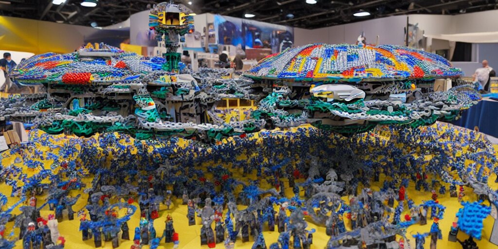 wide shot lens photo of a very intricately detailed and epically shaped 1. 2 5 m long alien lego mothership ufo kit designed by a master builder as displayed at a lego convention. 