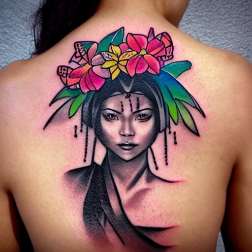 tattoo design, stencil, beach photography, tattoo stencil, traditional, beautiful portrait of a traditional Hawaiian girl with flowers in her hair, upper body, by artgerm, artgerm, artgerm, digital art, cat girl, anime eyes, anime, sexy, super model-s 100