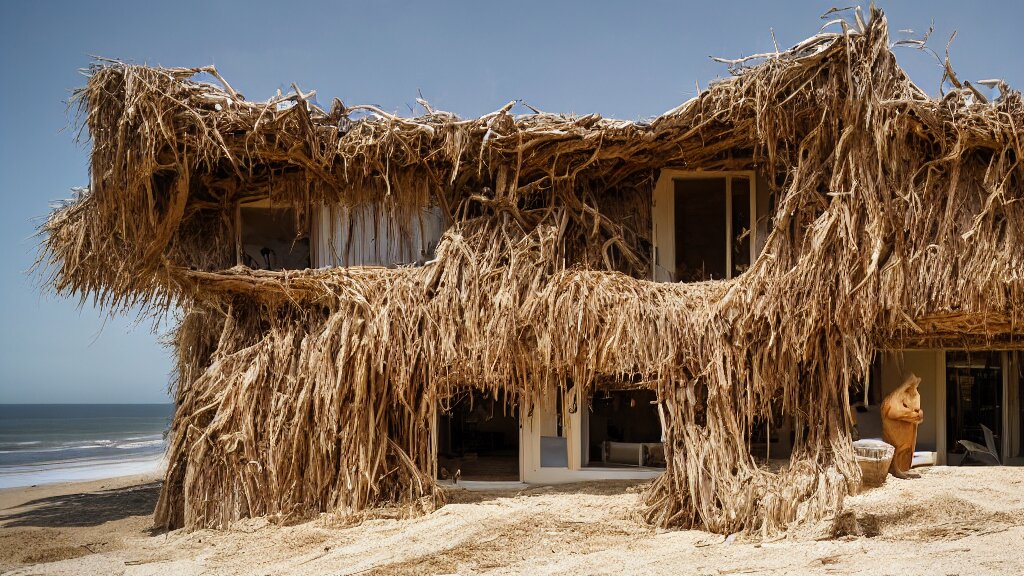 architectural photography of a house made of driftwood, natural and organic and flowing, on the coast, wide angle, shot from a low angle, great lighting, cinematic. inhabited by a family of anthropomorphic capybaras. 