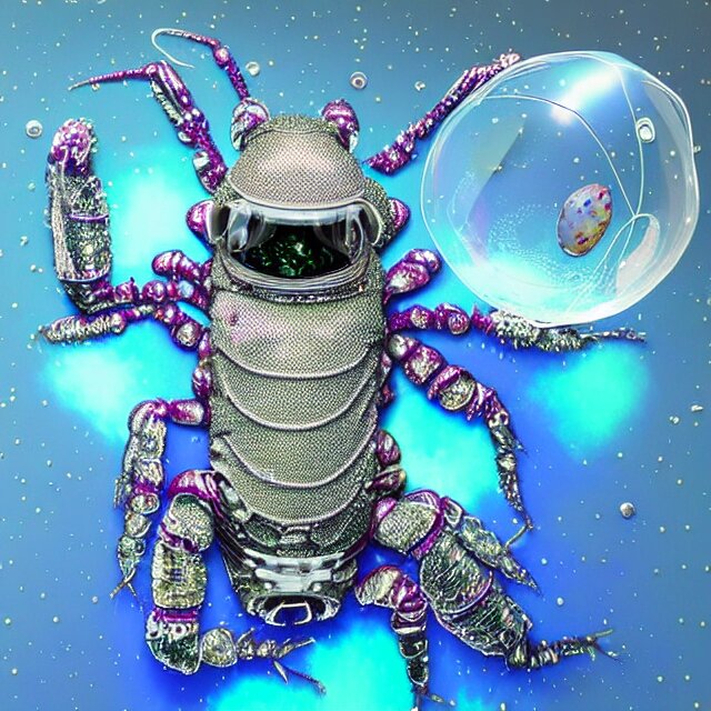 realistic extremely detailed  photo style  painting of a  astronaut eva lobster suit covered in  diamond 3d fractal lace iridescent bubble 3d skin +, camera appendage stalks+helmet clear brain case see through ,in a jumping float pose inside of a futuristic space station blobby holograpic shrink wrap bubble,
,opal ruby diamond iridescent fractal lace bubble materials,alternate reality ceramic age,
monolithic retro futuristic ,water , by style hybrid mix of beeple+Anton Pieck+Jean Delville+ Amano,Yves Tanguy+ Alphonse Mucha+ Ernst Haeckel+ Edward Robert Hughes+Stanisław Szukalski covered with compound eye camera lenses,neutron,
rich moody colors,diamond dust glitter and sparkles, granular detail,holographic krypton ion,blue eyes,octane render,4k,
f32,55mm photography,wide angle ,jumping float Pose,full shot,  