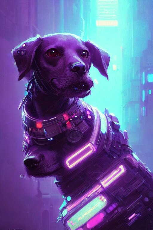 a beautiful portrait of a cute cyberpunk dog by greg rutkowski and wlop, purple blue color scheme, high key lighting, digital art, highly detailed, fine detail, intricate, ornate, complex 