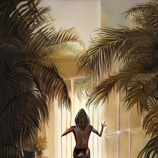 indoor liminal space, golden light, greg rutkowski, palm trees, pink door, minimalistic, hyperrealistic surrealism, award winning masterpiece with incredible details, epic stunning, infinity pool mirrors, a surreal vaporwave liminal space with mirrors, highly detailed, trending on artstation, artgerm and greg rutkowski and alphonse mucha, daily deviation 