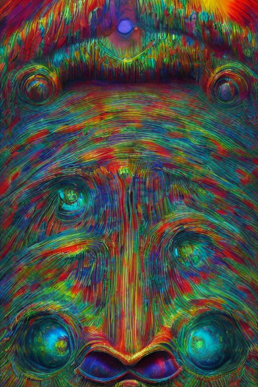 hyperrealistic abstract close-up Renaissance psychedelic!! celestial happy! pure creature!! peaceful! kind spirit of nature! beautiful fractal!! eyes! highly detailed concept art eric zener elson peter cinematic hard rainbow lighting high angle hd 8k sharp shallow depth of field endless, inspired by Zdzisław Beksiński Salvador Dali