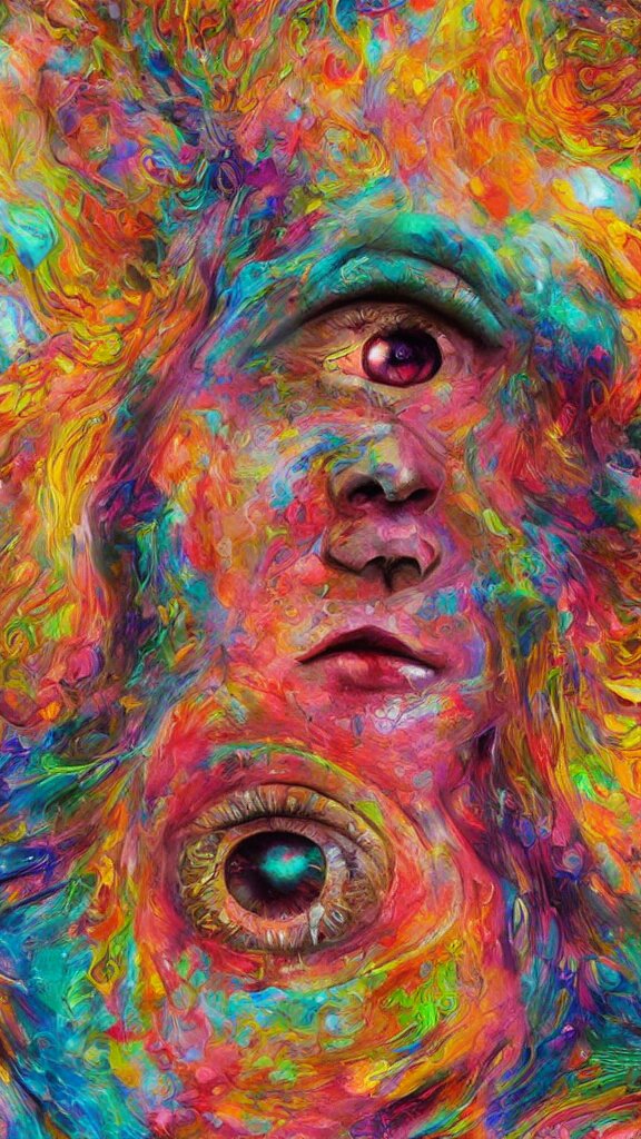 hyperrealistic abstract close-up female! portrait Renaissance psychedelic!! celestial happy! pure creature!! peaceful! kind spirit of nature! beautiful fractal!! eyes! highly detailed concept art eric zener elson peter cinematic hard rainbow lighting high angle hd 8k sharp shallow depth of field endless, inspired by Zdzisław Beksiński Salvador Dali