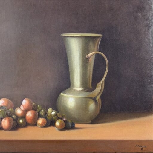 classic still life painting of a wine glass and pot