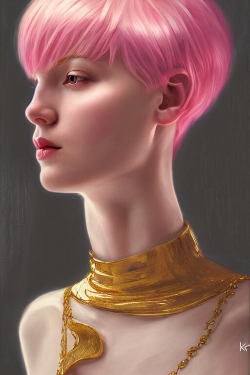 Portrait of a beautiful pale skin Nordic female with short pink hair, elegant, photorealistic, highly detailed, artstation, smooth, sharp focus, gold ornaments, neon lighting, sci-fi, art by Klimt.