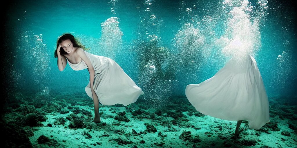 deep underwater photography of beautiful model in flat dress by emmanuel lubezki 