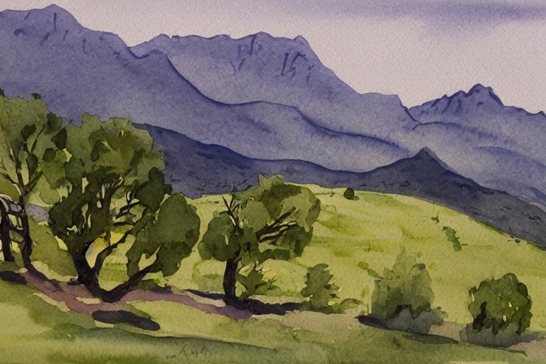 green landscape with trees and mountains in the distance, watercolor 