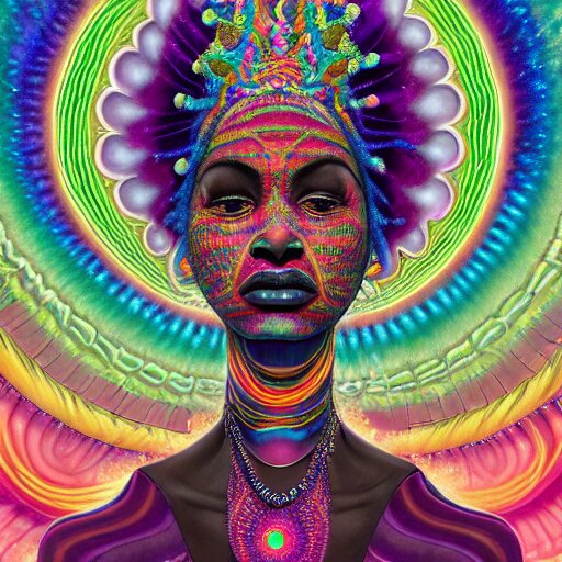 an extremely regal african queen with colorful dreadlocks and a glowing opal!!! in the center of her forehead, meditating in a magic mushroom zen garden, rainbow nebula clouds, by alex grey and afarin sajedi and amanda sage and android jones and agostino arrivabene and wayne barlowe in a psychedelic portrait style, surreal, afofuturism, afropunk, black art, ultrarealistic, rendered in cinema 4 d, volumetric lighting lighting, digital illustration, chakra, highly detailed, elegant, extremely ornate, fractal!, extremely symmetrical!!, highly detailed face, wide angle dynamic portrait, 8 k, hd. 