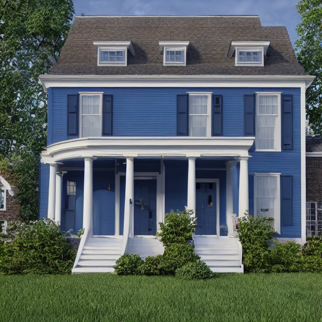 modern new england colonial house with a round blue door, brick cape house, realistic, unreal engine render, octane render, hyper realistic, photo, 8 k 