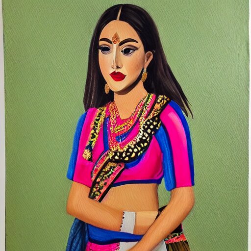 a beautiful oil painting of cute girl wearing modern stylish costume in the style of Assamese bihu mekhela sador gamosa design, commercial fashion design art concept