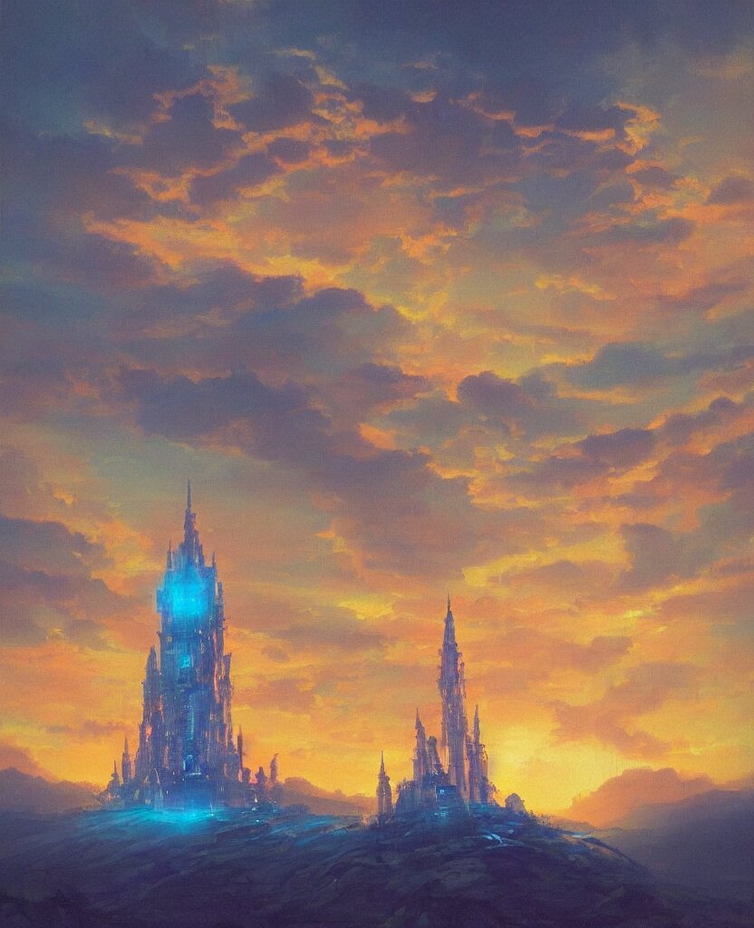 “ a landscape painting in the style of noriyoshi ohrai of a holy tower, it is a glowing fortress and has iridescent mana radiating from it into the aether. it is centered. the background is the sky at dawn. retrofuturistic fantasy ” 