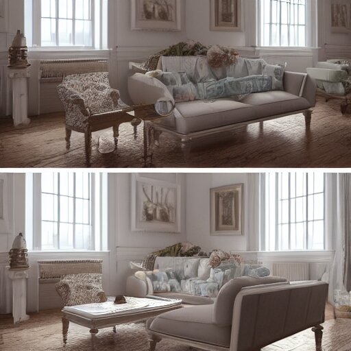 a detalied 3 d render of a country chic living room, by valentin franke, ilya galinsky trending of artstation, photorealism 