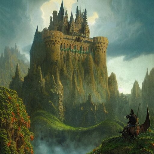 beautiful matte art of a big castle in a serene landscape, a knight riding a dragon, by albert bierstadt, green grass, highly detailed, crystal lighting, mystical, forest, hyperrealistic, 4 k, unreal engine, magical, by joe fenton, by greg rutkowski, by greg tocchini, by kaws, by kate beaton, by kaethe butcher 