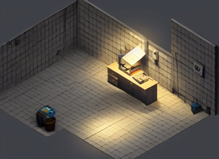 isometric view of a dimly lit room, a 3 d render by paul kelpe, cgsociety contest winner, volumetric lighting, cinematic lighting, isometric 