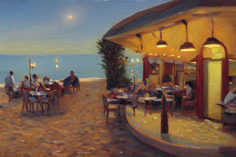 italian restaurant on the beach, dappled light, scott christensen 