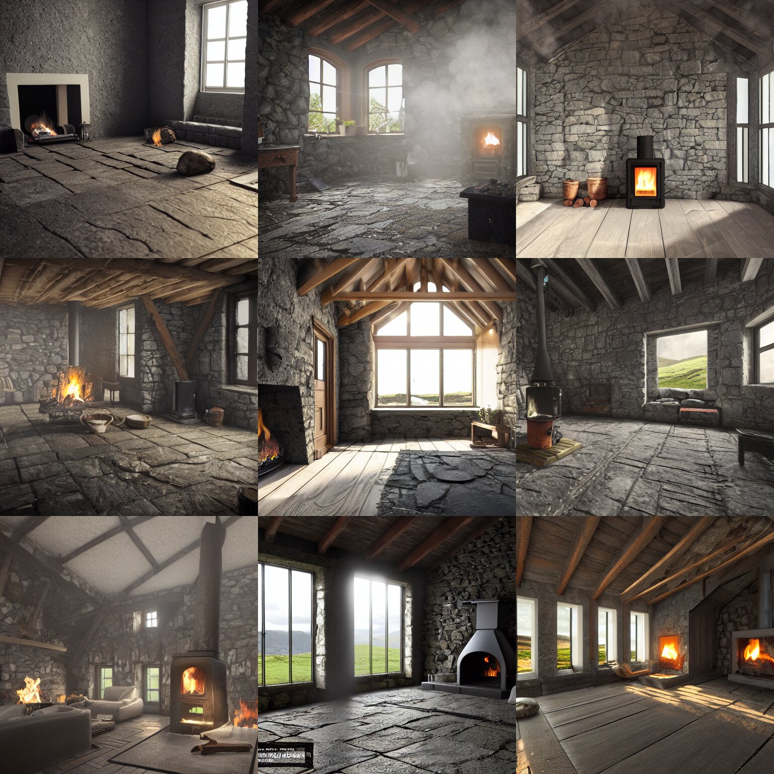 photorealistic rendering of interior a hebrides crofter's black house dwelling, in scotland, open fire in center of room, stone floor, smoke, wooden furtniture, turf roof, volumetric lighting, dark, dark, dingy, old, unreal engine render 