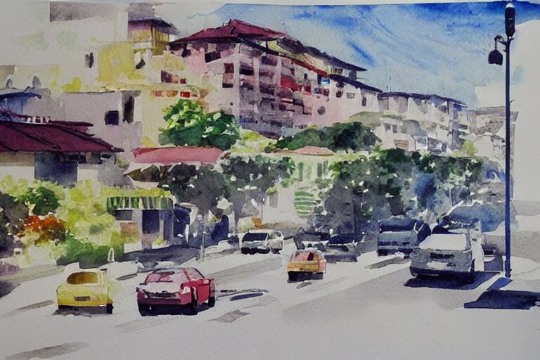 !! watercolor!! penang road in a sunny day, artwork by tooth wu, colorful contrast,!! very coherent!!, dark shadow, thick lineart 