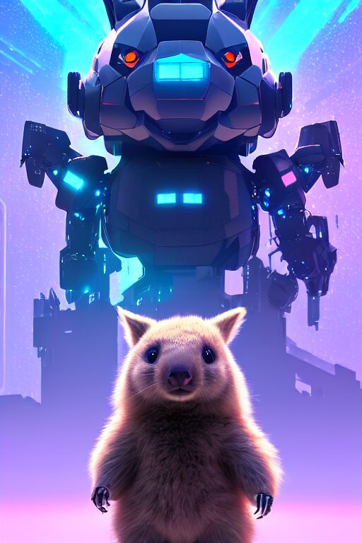 high quality 3 d render sci - fi very cute mecha & fluffy! wombat!! hybrid! fighting, highly detailed, unreal engine cinematic smooth, in the style of blade runner & detective pikachu, hannah yata charlie immer, dark blue neon light, low angle, uhd 8 k, sharp focus 