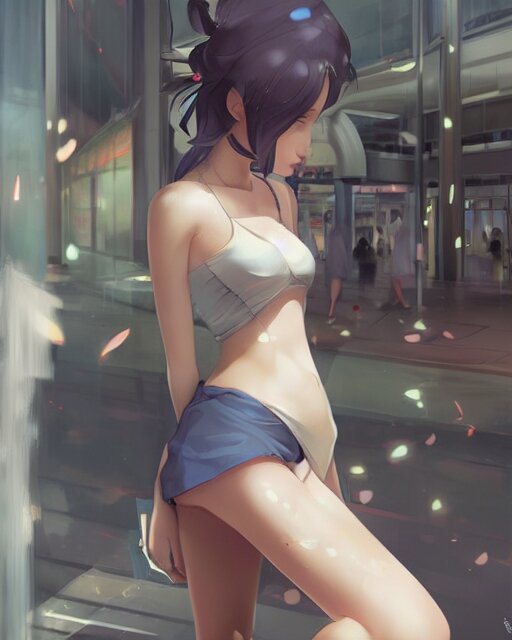 a girl at the mall, very sexy outfit, medium shot, visible face, detailed face, perfectly shaded, atmospheric lighting, by makoto shinkai, stanley artgerm lau, wlop, rossdraws 