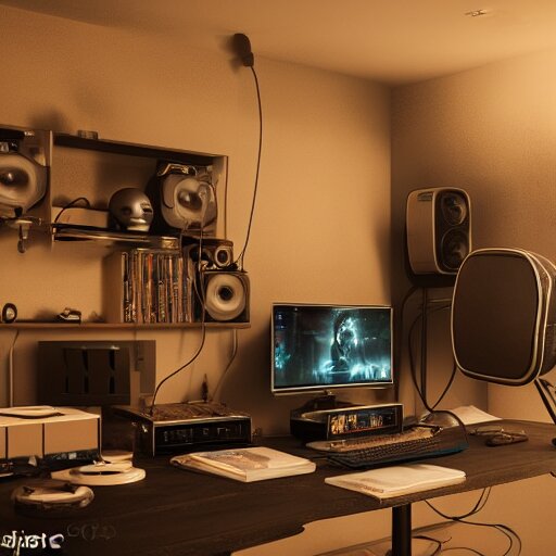 home studio for a radio streaming, realistic, octane render, cinematic, gaming system theme, lighting shadows, detailed illustration, 8 k, intricate details, oil painting 