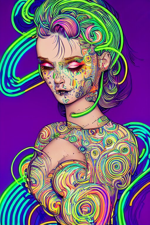 a award winning portrait of a beautiful woman with stunning eyes in a one off shoulder croptop and cargo pants with rainbow colored hair, outlined by whirling illuminated neon lines and fine lines swirling in circles by joe fenton, digital art, trending on artstation 