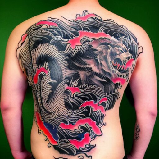 photograph of a Japanese back tattoo, colourful ink, traditional Japanese pattern depicting a werewolf, highly-detailed, beautiful, award winning, 8k