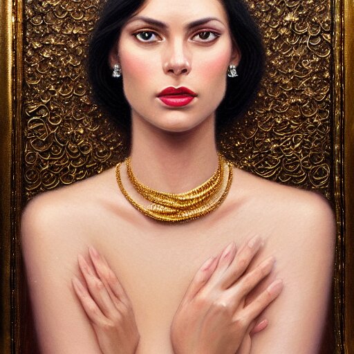 Facial portrait of a gorgeous girl, looking away from the camera, seductive smile, heavy gold jewellery, gold and diamond necklaces, elegant revealing intricate dress, sparkle in eyes, lips slightly parted, long flowing hair, no hands visible, delicate, teasing, arrogant, defiant, bored, mysterious, intricate, extremely detailed painting by Mark Brooks (and by Greg Rutkowski), visible brushstrokes, thick paint visible, no light reflecting off paint, vibrant colors, studio lighting