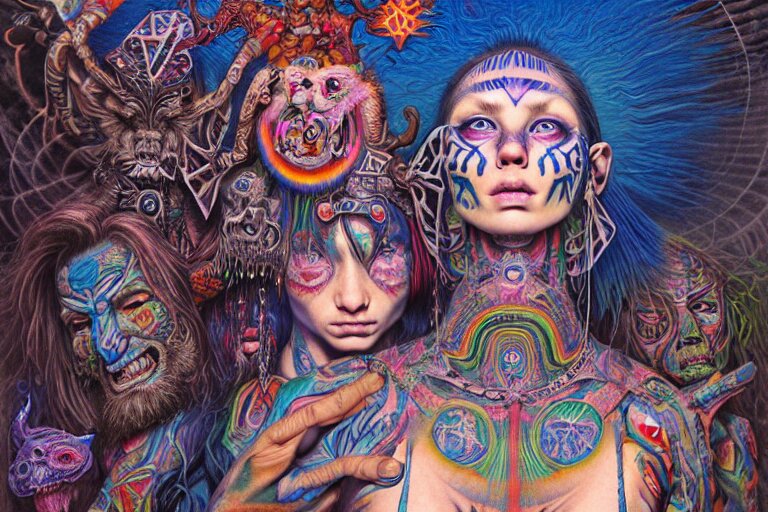 psychedelic shaman, blue and pink, wearing shipibo tattoos, inside an epic, ancient temple, ayami kojima, greg hildebrandt, mark ryden, hauntingly surreal, eerie vibrating color palette of charlie immer, highly detailed painting by, jenny saville, soft light 4 k 