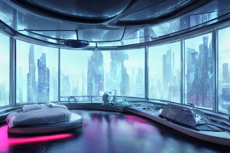 a futuristic bedroom with large curved ceiling high windows looking out to a far future cyberpunk cityscape, cyberpunk neon lights, raining, scifi