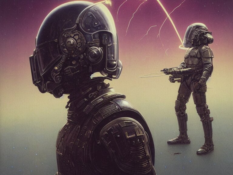  a detailed portrait painting of a bounty hunter in combat armour and visor. Smoke. cinematic sci-fi poster. Cloth and metal. Flight suit, accurate anatomy portrait symmetrical and science fiction theme with lightning, aurora lighting clouds and stars. Futurism by beksinski carl spitzweg moebius and tuomas korpi. baroque elements. baroque element. intricate artwork by caravaggio. Oil painting. Trending on artstation. 8k
