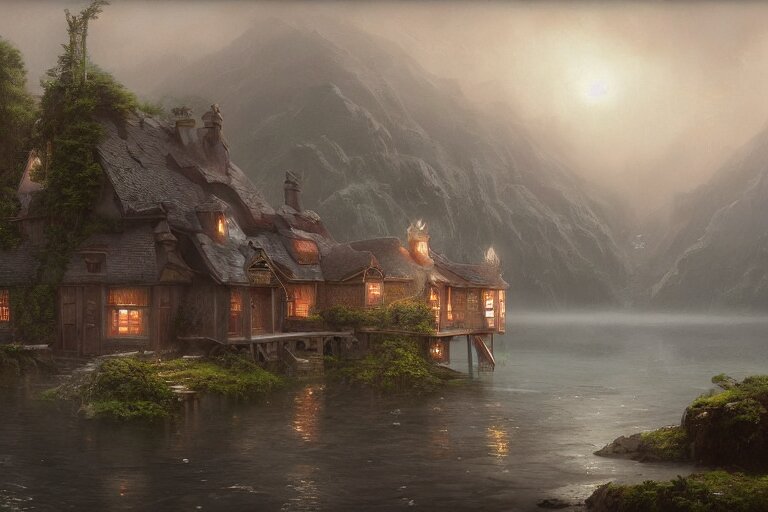 a typical european house with a slate roof, submerged under the water of the acean, school of fishes, scenic view, matte painting by christophe vacher and hubert robert, trending on artstation 