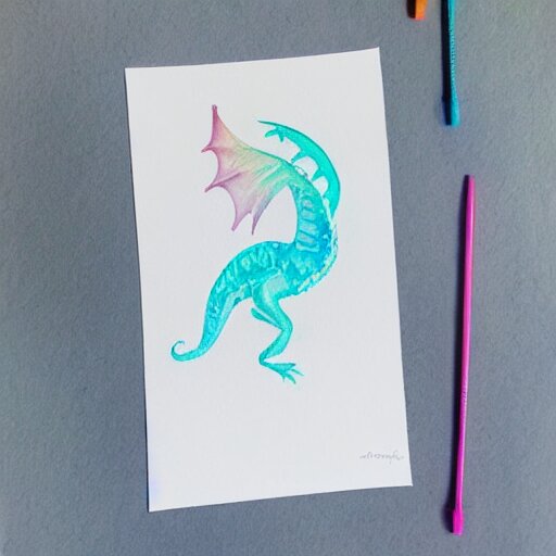 mystical pastel dragon, minimalist watercolor on white paper, cute