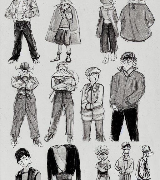 full page scan of many character design sketches. young man,  young mother, man with beard. Everyone has pale grey eyes. sailor caps, German, tapa, simple clothing.  in the style of Jillian Tamaki and Richard Corben. costume designs, pleasant faces, nature colors