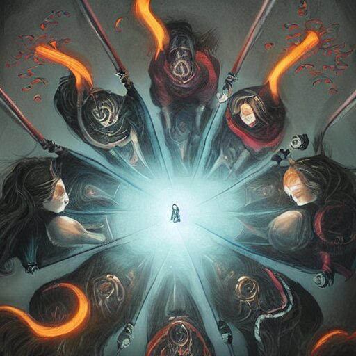 female acolytes using demonic summoning circle to summon a demonic knight. incredible detail. by magali villeneuve and by wlop 