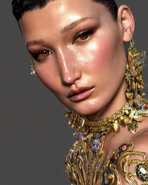 a highly detailed metahuman 8 k close up render of bella hadid in gustav klimt style in diamonds crystals swarovski and jewelry on artstation made in unreal engine 4 